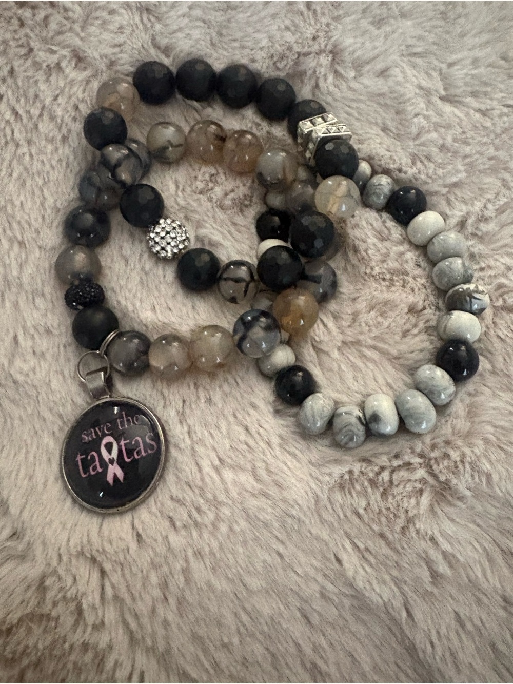 Beaded 'Save the Tatas' Pendant Bracelet - Black & Gray